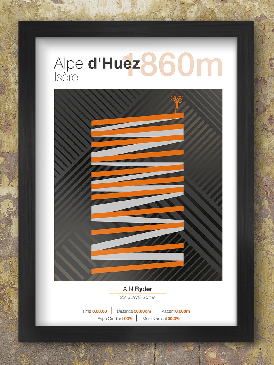Cycling Climbs - Alpe D'Huez Poster. Available blank or you can personalise with recorded data of a ride.